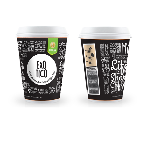 Exotico Paper Cup Package (4 cups 4 varians : Durian, Sumatra Robusta Green Coffee, Red Ginger, Matcha)